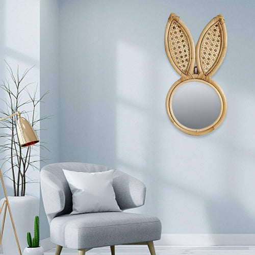 Miroir mural rond en rotin avec oreilles de lapin - vue 4 sur 6