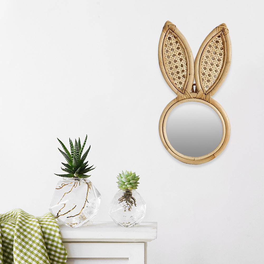 Miroir mural rond en rotin avec oreilles de lapin - vue 4 sur 6