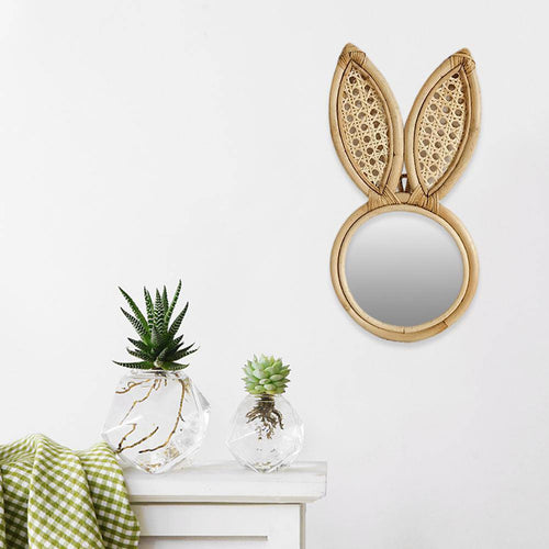 Miroir mural rond en rotin avec oreilles de lapin - vue 5 sur 6