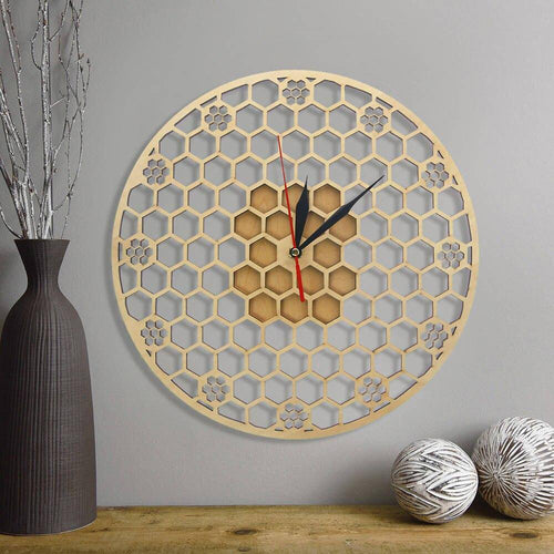 Horloge murale ronde en bois avec hexagones 30cm Honey - vue 2 sur 6