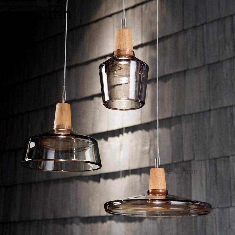Suspension design LED en bois avec abat-jour arrondi en verre Nordic - vue 2 sur 15