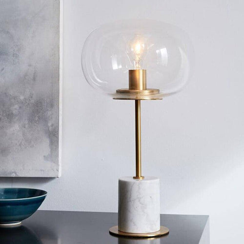 Lampe à poser design LED en marbre avec tige dorée et boule en verre - vue 4 sur 5