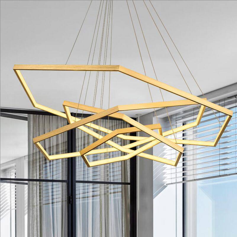 Lustre design LED avec anneaux dorés au style géométrique Luxury - vue 3 sur 5