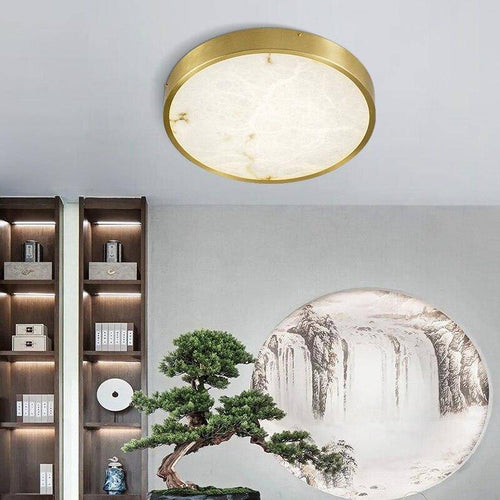 Plafonnier design LED rond en marbre avec bords dorés - vue 3 sur 9