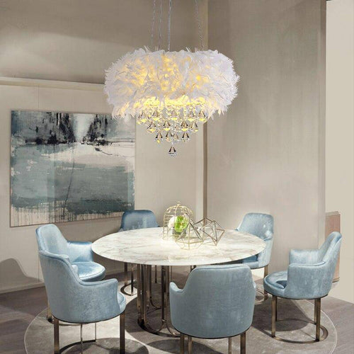 Lustre rond moderne LED en plumes et verre cristal - vue 2 sur 3