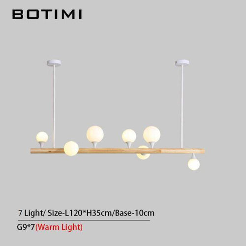 Lustre scandinave LED allongé en bois et boules en verre - vue 4 sur 5