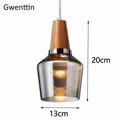 Suspension design LED en bois avec abat-jour arrondi en verre Nordic - vue 12 sur 15