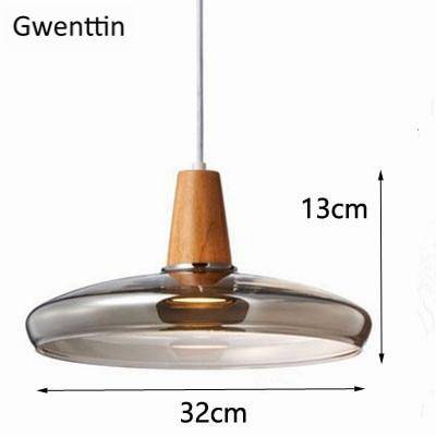 Suspension design LED en bois avec abat-jour arrondi en verre Nordic - vue 3 sur 15