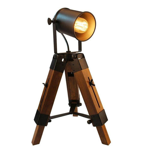 Lampe à poser rétro à LED tripod en bois et abat-jour Country - vue 3 sur 3