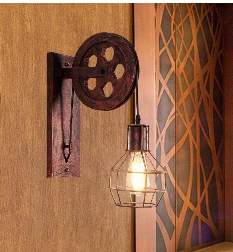 Applique murale rustique poulie avec cage industrielle - vue 2 sur 5