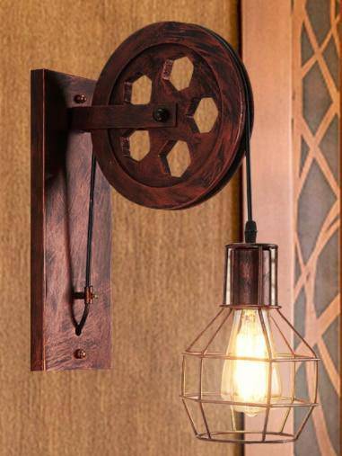 Applique murale rustique poulie avec cage industrielle - vue 3 sur 5