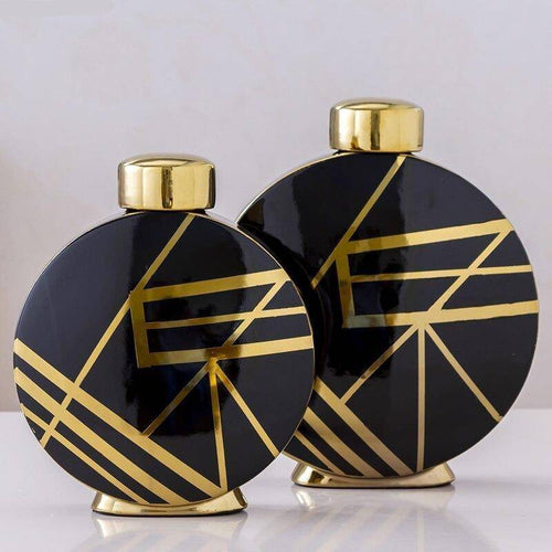 Vase design noir aux motifs géométriques abstraits dorés Luxury - vue 5 sur 9