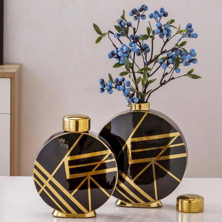 Vase design noir aux motifs géométriques abstraits dorés Luxury - vue 2 sur 9