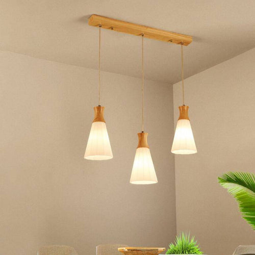 Suspension scandinave LED blanche avec abat-jour bois - vue 3 sur 7
