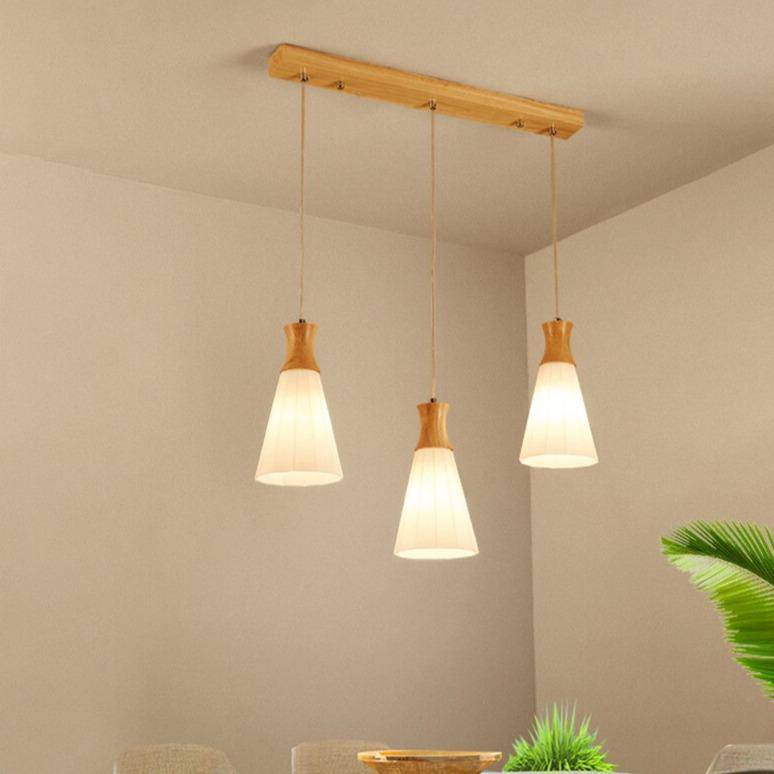 Suspension scandinave LED blanche avec abat-jour bois - vue 2 sur 7