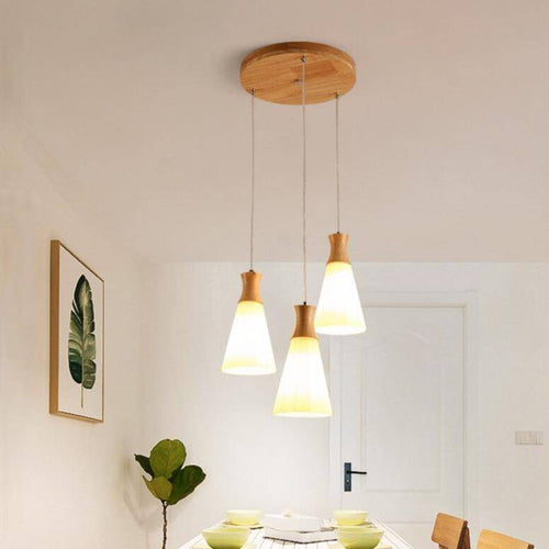 Suspension scandinave LED blanche avec abat-jour bois - vue 4 sur 7