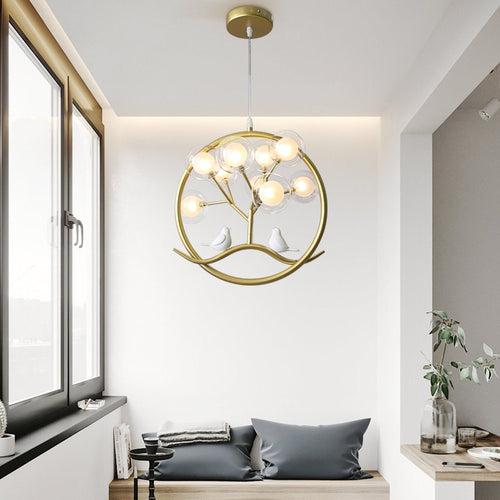 Lustre moderne avec arbre et oiseaux dans anneau Rhym - vue 5 sur 18