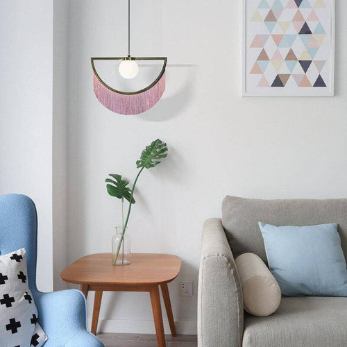 Suspension design LED avec demi-cercle en métal et pendentif coloré - vue 4 sur 11