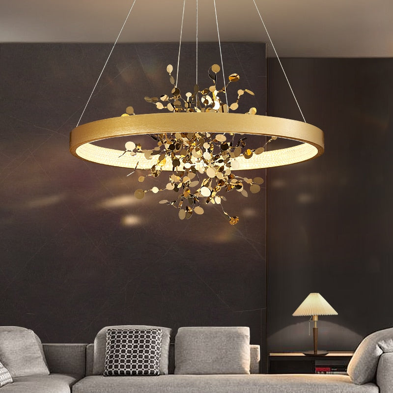 Lustre moderne LED avec anneau et feuilles dorées Bahia - vue 2 sur 5