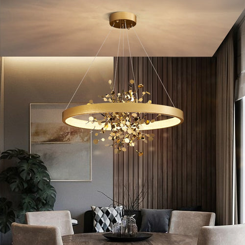 Lustre moderne LED avec anneau et feuilles dorées Bahia - vue 3 sur 5