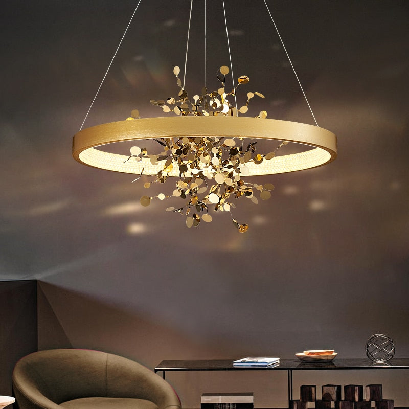 Lustre moderne LED avec anneau et feuilles dorées Bahia - vue 5 sur 5