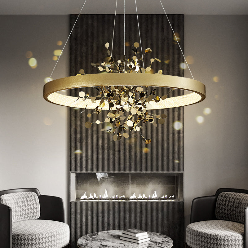 Lustre moderne LED avec anneau et feuilles dorées Bahia - vue 4 sur 5