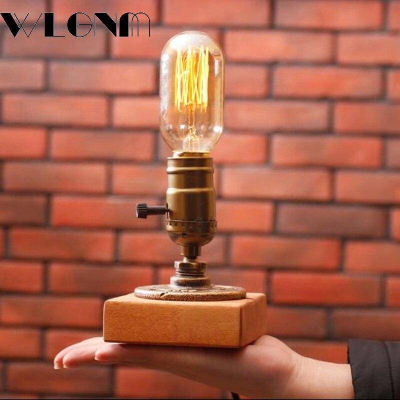 Lampe à poser rétro LED en bois et ampoule Edison Loft Country - vue 3 sur 4