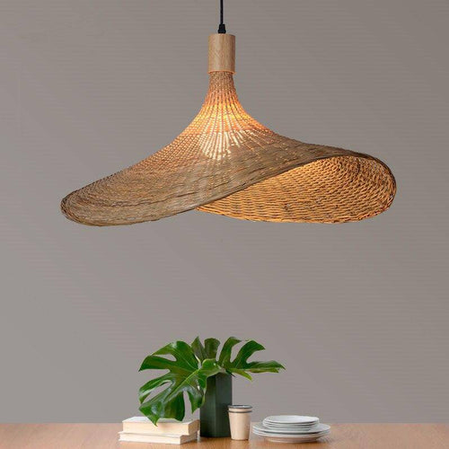 Suspension en rotin à LED style chapeau rustique beige - vue 3 sur 5