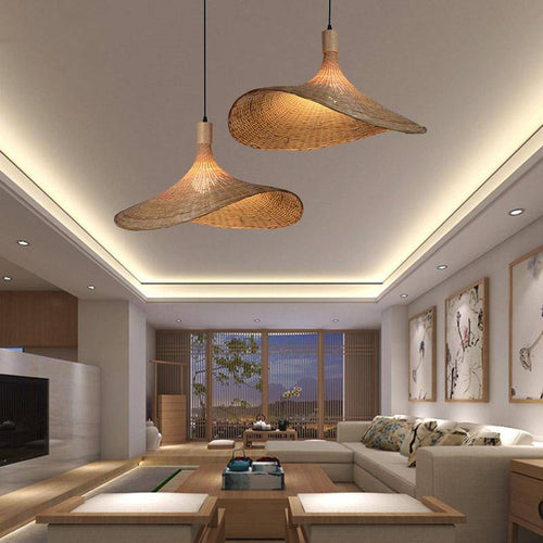 Suspension en rotin à LED style chapeau rustique beige - vue 4 sur 5