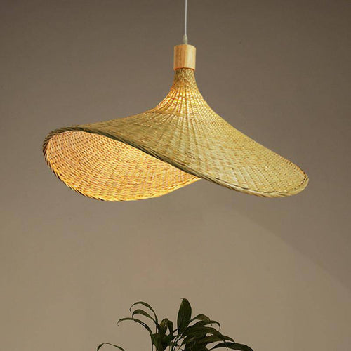 Suspension en rotin à LED style chapeau rustique beige - vue 6 sur 5