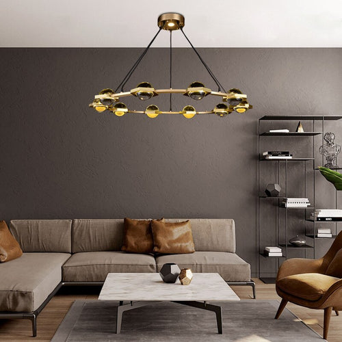 Lustre moderne luxe circulaire en cuivre et cristal Pryccilia - vue 4 sur 10