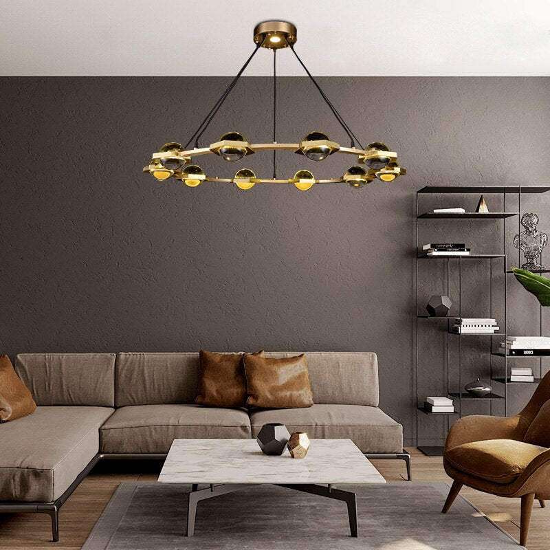 Lustre moderne luxe circulaire en cuivre et cristal Pryccilia - vue 3 sur 10