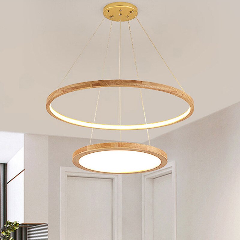Lustre scandinave avec 2 anneaux lumineux en bois Arya - vue 2 sur 7
