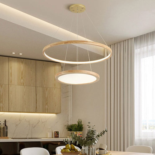 Lustre scandinave avec 2 anneaux lumineux en bois Arya - vue 4 sur 7