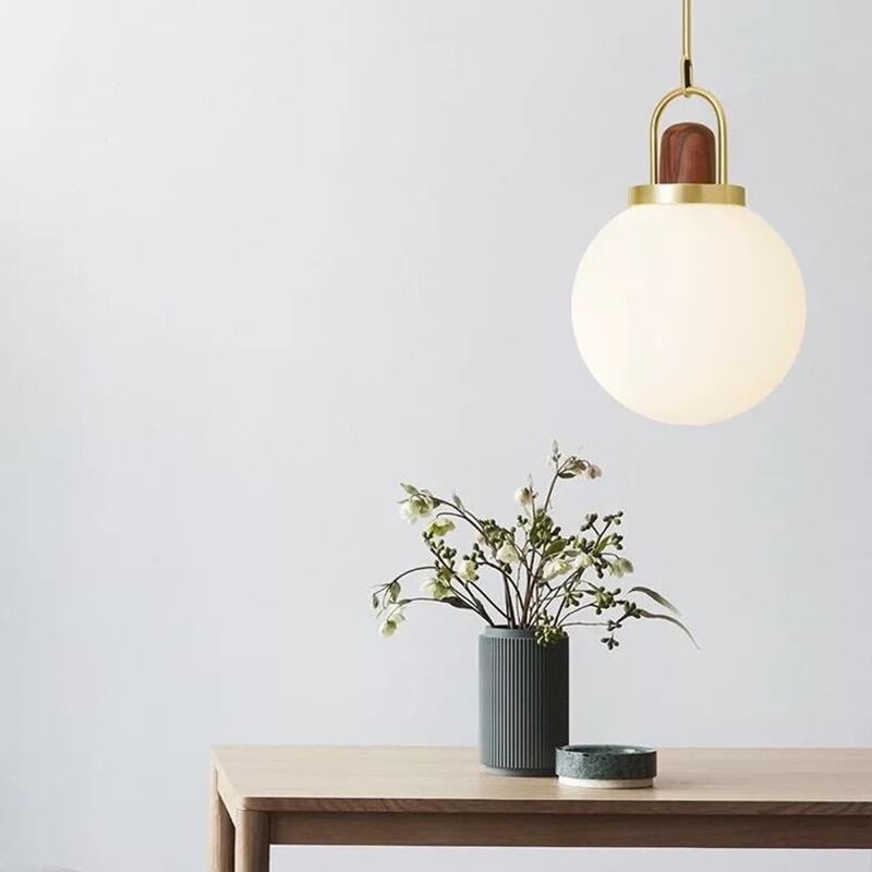 Suspension moderne LED abat-jour en verre et détails en bois Ona - vue 3 sur 9
