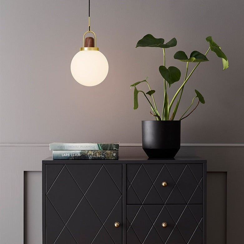 Suspension moderne LED abat-jour en verre et détails en bois Ona - vue 4 sur 9