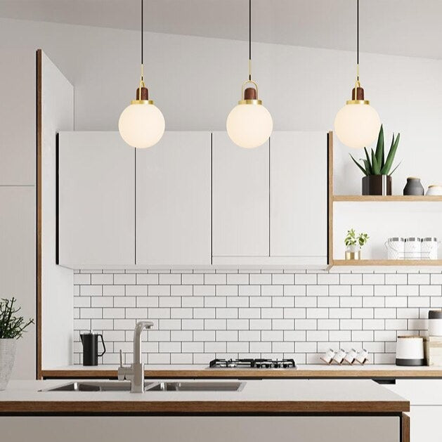 Suspension moderne LED abat-jour en verre et détails en bois Ona - vue 5 sur 9