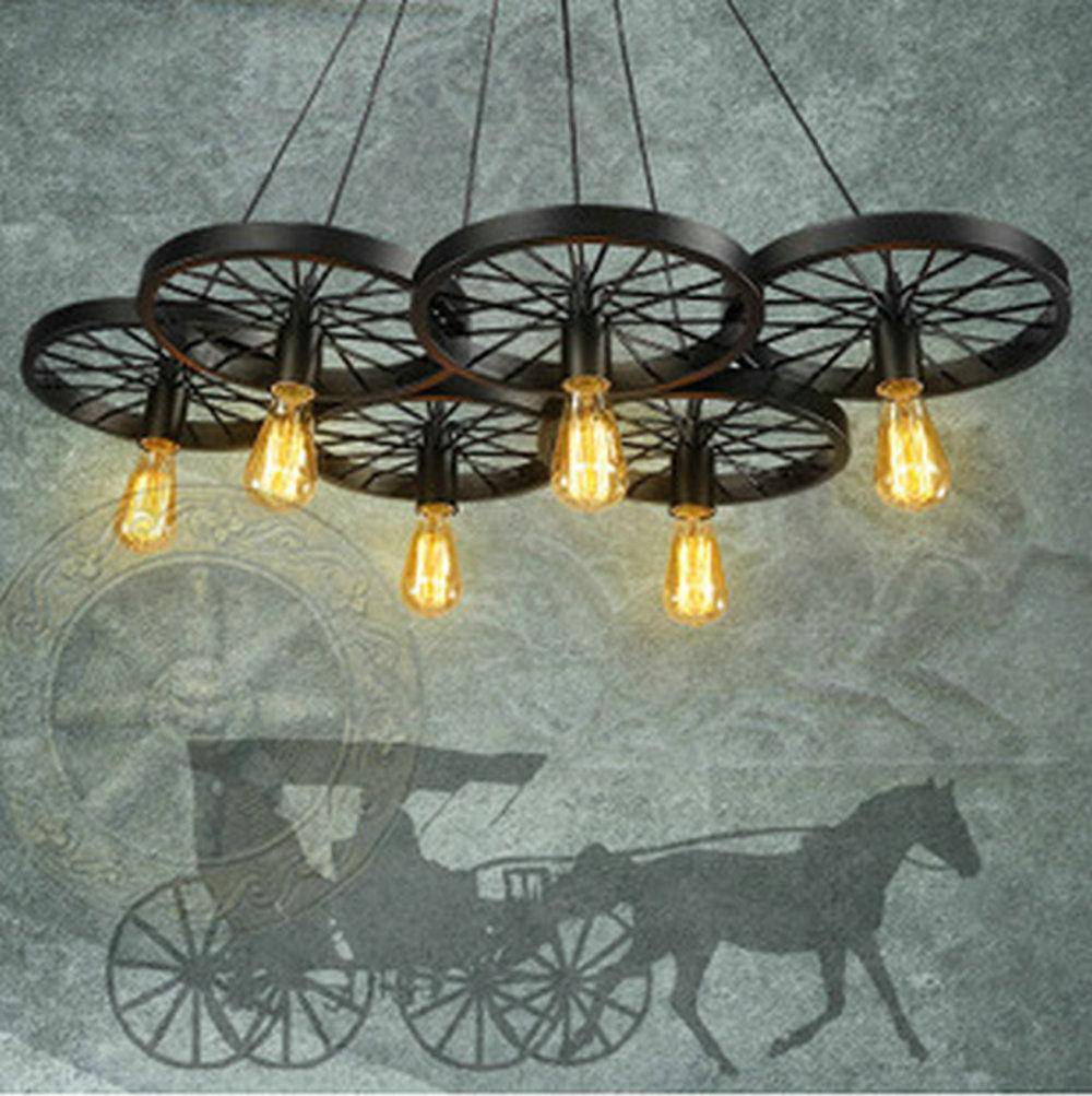 Suspension antique et rustique en forme de roue avec lampes apparantes - vue 2 sur 5