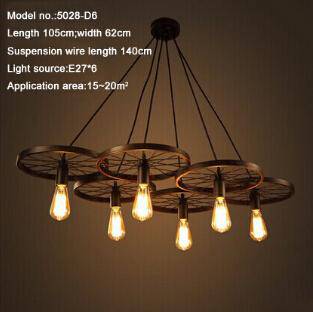 Suspension antique et rustique en forme de roue avec lampes apparantes - vue 5 sur 5
