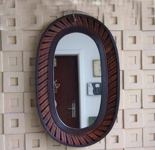 Miroir mural décoratif long ovale en bambou marron foncé - vue 2 sur 4
