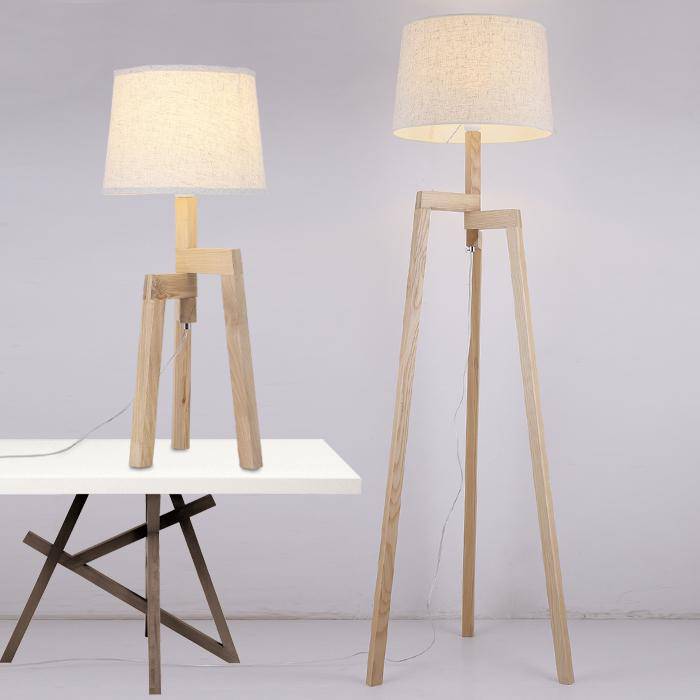 Lampadaire en bois Modern Wood sur 3 pieds avec abat-jour en tissu - vue 2 sur 4