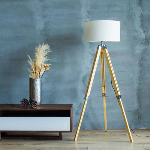 Lampadaire sur pied en tréteaux en bois ajustable avec abat-jour tissu - vue 3 sur 14