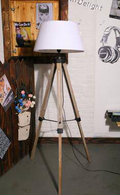 Lampadaire sur pied en tréteaux en bois ajustable avec abat-jour tissu - vue 9 sur 14