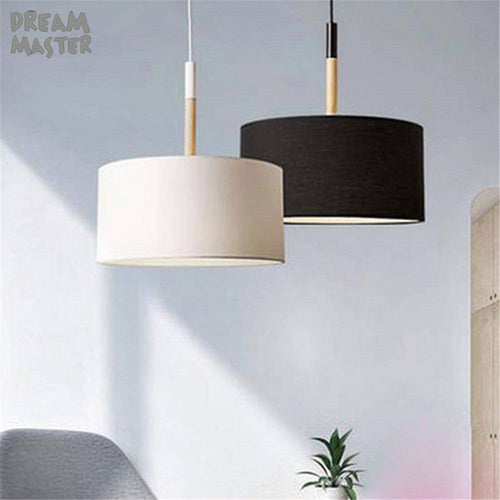 Suspension moderne LED avec abat-jour tissu et tige en bois (noir ou blanc) - vue 2 sur 3