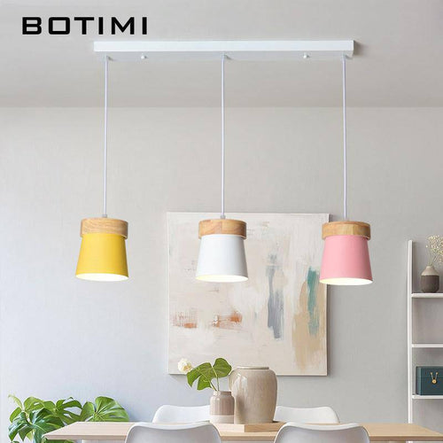 Suspension triple à LED en bois et métal de couleur - vue 3 sur 7