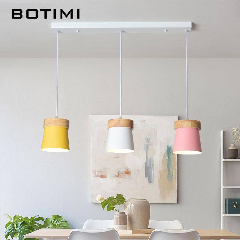 Suspension triple à LED en bois et métal de couleur - vue 3 sur 7
