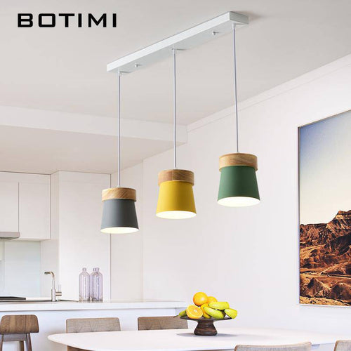 Suspension triple à LED en bois et métal de couleur - vue 5 sur 7