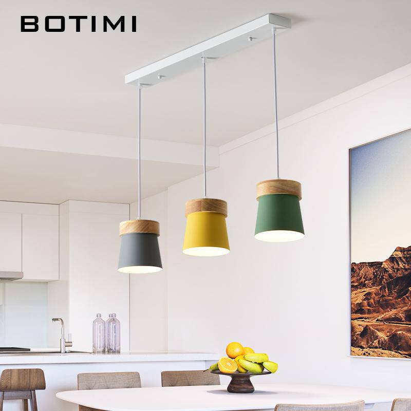 Suspension triple à LED en bois et métal de couleur - vue 5 sur 7
