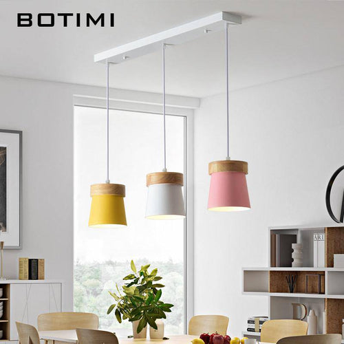 Suspension triple à LED en bois et métal de couleur - vue 2 sur 7