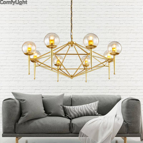 Lustre design vintage doré et boule en verre style loft - vue 3 sur 6